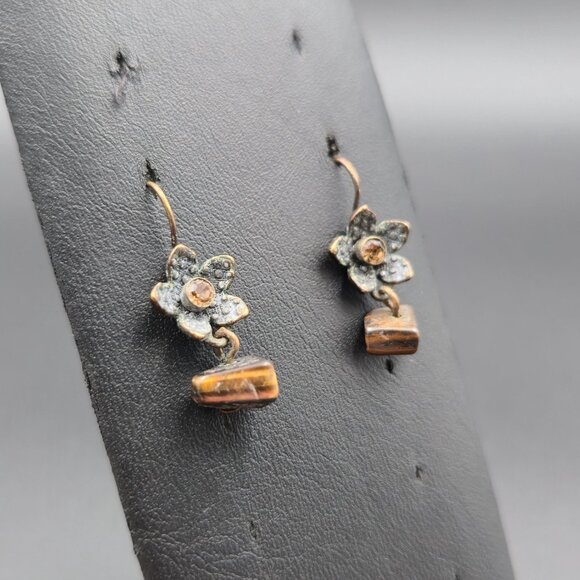 Copper Flower Crystal And Tiger's Eye Stone Earrings A6499 - Picture 2 of 5